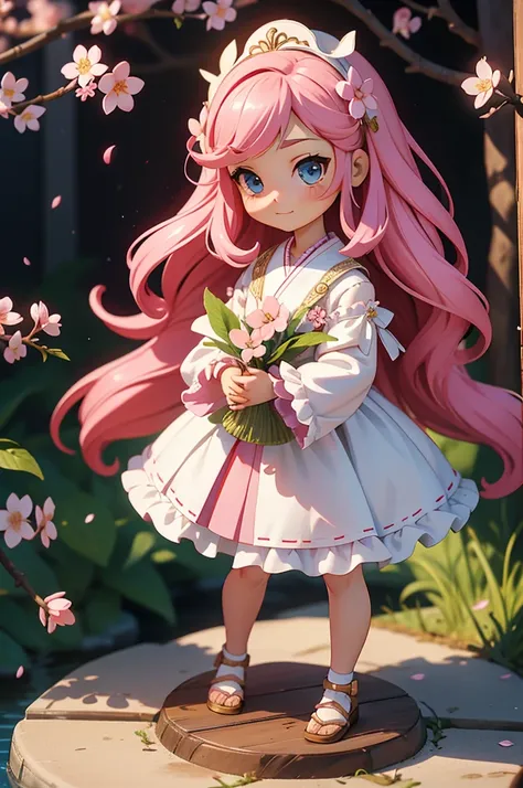 Doll standing in front of painting、louro、cara de sorriso、Sengai、Pixiv、RococoStyle、dollfie sonho、aquarela Nendoroid、(High Definition Figure)、flowing sakura-colored silk、Nendroid、Altamente_circunstanciado!!,cherry blossom petals、seda de flor de cerejeira flu...