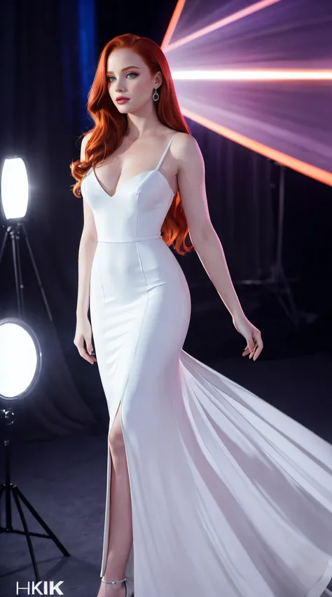 madelaine petsch, (((arriving at an big event))), (((white Evening gown))), 60s, distant image, ((full body photography)), ((insanely detailed face)), (((photography4k))), ((night)), (((colorful spotlights))), cores vivas, fundo vivo, sozinha, holofotes