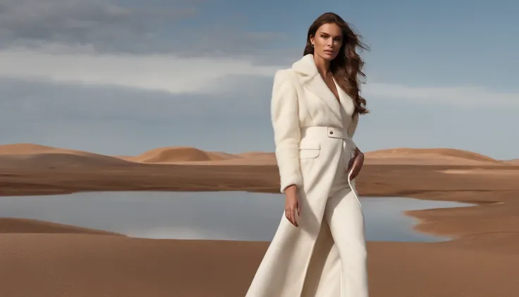 naked woman walks down the runway in the desert, cream fleece sportswear set c, pure color, thick texture, white, Louis, detailed, white, polished, Fiona Rae inspiration, product photo, in fortnite skin, country country, important: no extra limbs , Mugler,...