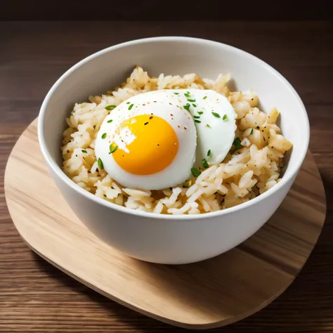 A ricebox overflowing white rice with a sliceed egg, (best quality,4k,8k,highres,masterpiece:1.2), illustration, high detail, soft lighting, delicious, tasteful, aesthetically pleasing, studio lighting, trending