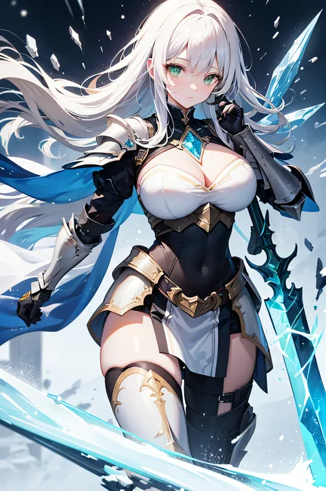 4k,hight resolution,One Woman,white yellow hair,Longhaire,Bright green eyes,large full breasts,The brave,armor made of crystal,Heavy Armor,Crystal Sword,snow country,blizzard background