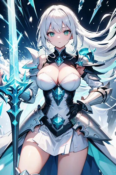 4k,hight resolution,One Woman,white yellow hair,Longhaire,Bright green eyes,large full breasts,The brave,armor made of ice,Crystal Sword,snow country,blizzard background