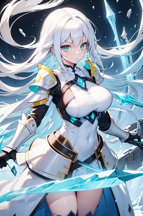 4k,hight resolution,One Woman,white yellow hair,Longhaire,Bright green eyes,large full breasts,The brave,armor made of crystal,Crystal Sword,snow country,blizzard background