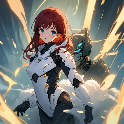 top-quality、Top image quality、​masterpiece、超A high resolution、Android Beautiful Girl、sixteen years old, Glowing white cyber suit, black energy source in chest、Red shiny hair、Fluffy hair,Blue eyes、A slender、The face is depicted in detail、Eyes are drawn in d...