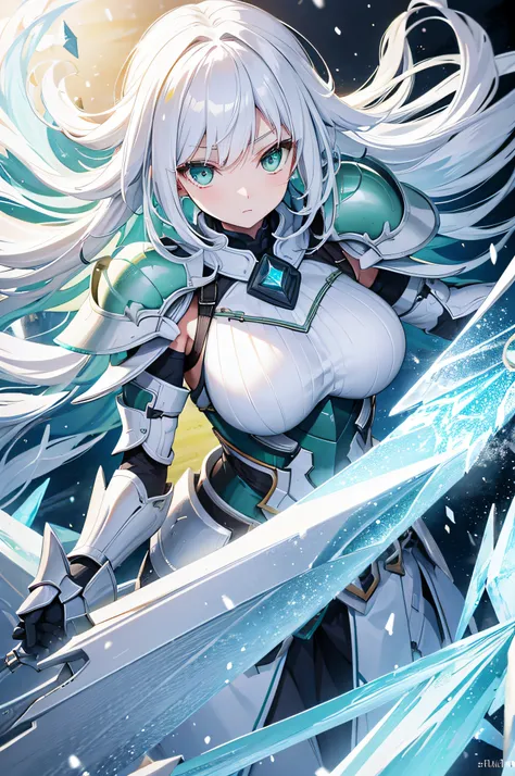 4k,hight resolution,One Woman,white yellow hair,Longhaire,Bright green eyes,The brave,armor made of crystal,Heavy Armor,Crystal Sword,snow country,blizzard background