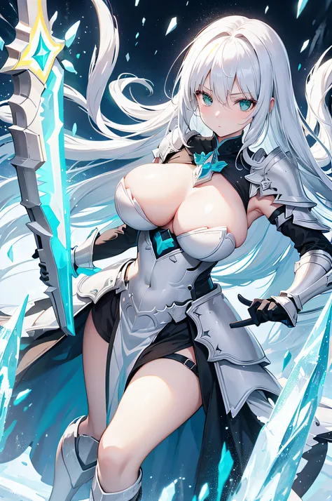 4k,hight resolution,One Woman,white yellow hair,Longhaire,Bright green eyes,large full breasts,The brave,armor made of ice,Heavy Armor,Crystal Sword,snow country,blizzard background