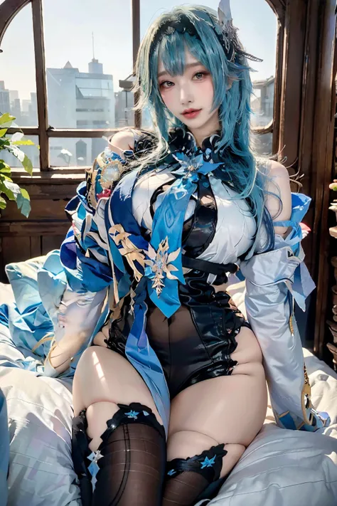 Beauty of a goddess, beautiful girl, 1girl, solo, (masterpiece:1.2), best quality, eula, genshin, high detailed, 8K resolution, looking at viewers, eula from genshin impact, hairband, blue hair, necktie, cape, vision (genshin impact), leotard, long sleeves...