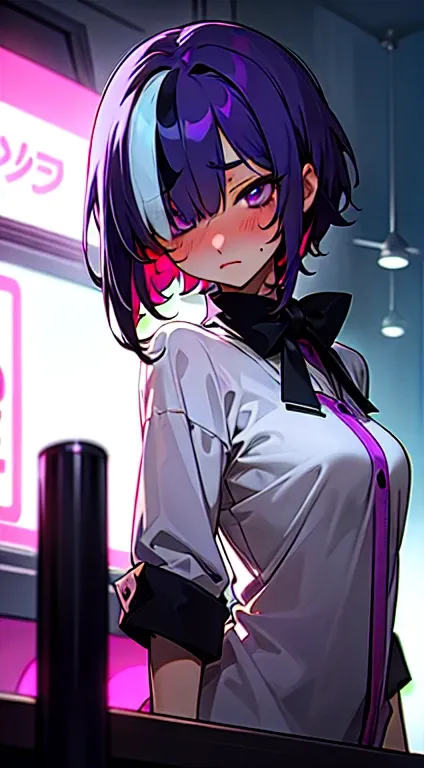 purple hair, short hair,  super big boobs, blushing very hard, expressionless face, neon city, night, detailed eyes, sexy, small height, hair over one eye, hair over one eye, streaked hair, anime,loli, bartender clothes,