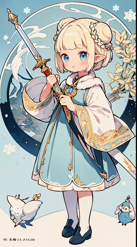 1elf girl, solo, (white blonde hair, Deep Blue Eyes:1.2), Perfect lips, Birdcage Bun, asymmetrical bangs:1.3, light smile, fur trim, fur-trimmed sleeves, long sleeves, holding weapon, sword, chibi. A illustration of a lady with white hair and a sword is in...