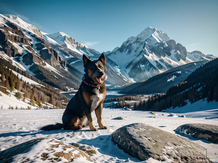 Double exposure of a dog and a mountain, natural scenery, watercolor art, vibrant, 3d render, dark fantasy, conceptual art