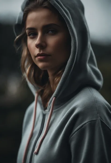 (Masterpiece: 1.3), (8K, Realistic, RAW photo, Best Quality: 1.4), Best Quality, High Resolution, Masterpiece, best detail, 8K, a closeup of a, draw a girl in a fleece tracksuit with a hood