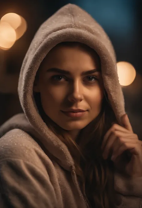 (Masterpiece: 1.3), (8K, Realistic, RAW photo, Best Quality: 1.4), Best Quality, High Resolution, Masterpiece, best detail, 8K, a closeup of a, draw a girl in a fleece tracksuit with a hood