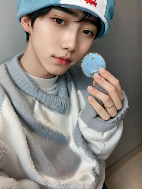 Arafed image of a young man holding a button in his hand., ZEROBASEONE Han Yujin Kim Doyoung, Cai Xukun, Ulzzang masculino, Jinyoung Shin, Hyung Tae, Yanjun Chengt, cold as ice! 🧊, inspirado por Bian Shoumin, con piel azul, inspirado en Han Yujin, inspirad...