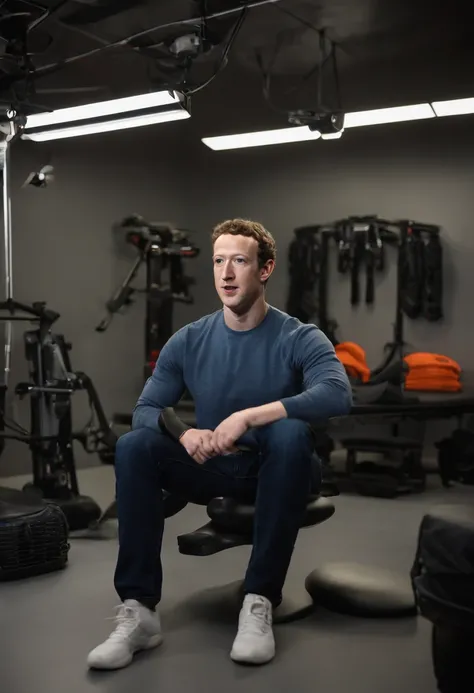 A photo of Mark Zuckerberg in a new-age virtual reality training facility, wearing a high-tech VR headset and wielding virtual weapons.,original,Zuckerberg maintains a notably consistent personal style, famously known for his simple gray t-shirts and hoodi...