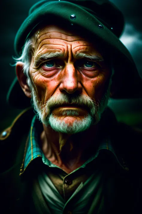 (sharp focus:1.2), an award winning photo of an old man peasant, water droplets, thunderstorm outside, lightning back lighting, , lines on face, wrinkles, extremely detailed skin, sadness, hopelessness ,cloudy eyes, (deep shadows:1.1), high contrast, beaut...