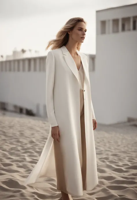 Ligne Pure pursues sophisticated yet natural minimalist designs for womens clothing brand. Image is white, beige, black apparel artfully arranged in clean layout with high fashion vogue magazine aesthetic. Dramatic lighting brings out refined details in hi...