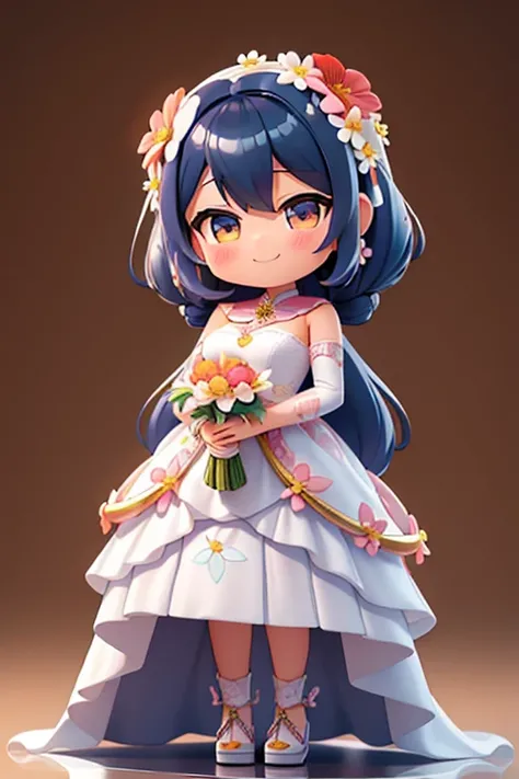 fotoRealstic、Nendroids in wedding dress standing in front of painting、Sorrindo de boca aberta, mas envergonhado、aquarela Nendoroid、(High Definition Figure)、Seda iridescente fluindo、para cima do rosto、De olho、Colorcon with heart pattern、vestido floral、There...