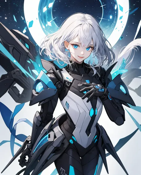 top-quality、Top image quality、​masterpiece、超A high resolution、Android Beautiful Girl、sixteen years old, Cybersuit glowing black, Blue energy source for the chest、white shiny hair、Fluffy hair,Blue eyes、A slender、The face is depicted in detail、Eyes are drawn...