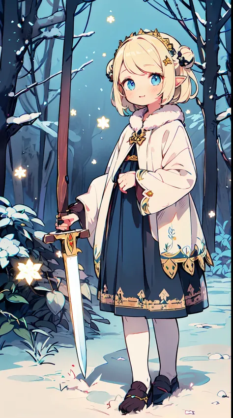 1elf girl, solo, (white blonde hair, Deep Blue Eyes:1.2), Perfect lips, Birdcage Bun, asymmetrical bangs:1.3, light smile, fur trim, fur-trimmed sleeves, long sleeves, holding weapon, sword, chibi. A illustration of a lady with white hair and a sword is in...