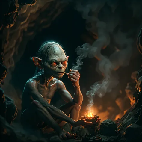 gollum, from the lord of the rings, sitting in a dark cave, smoking a pipe, illuminated by the embers, ethereal smoke curls, fan...