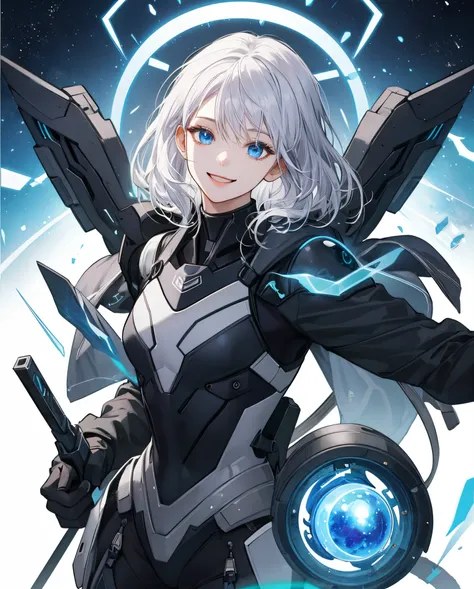 top-quality、Top image quality、​masterpiece、超A high resolution、Android Beautiful Girl、sixteen years old, Cybersuit glowing black, Blue energy source for the chest、white shiny hair、Fluffy hair,Blue eyes、A slender、The face is depicted in detail、Eyes are drawn...