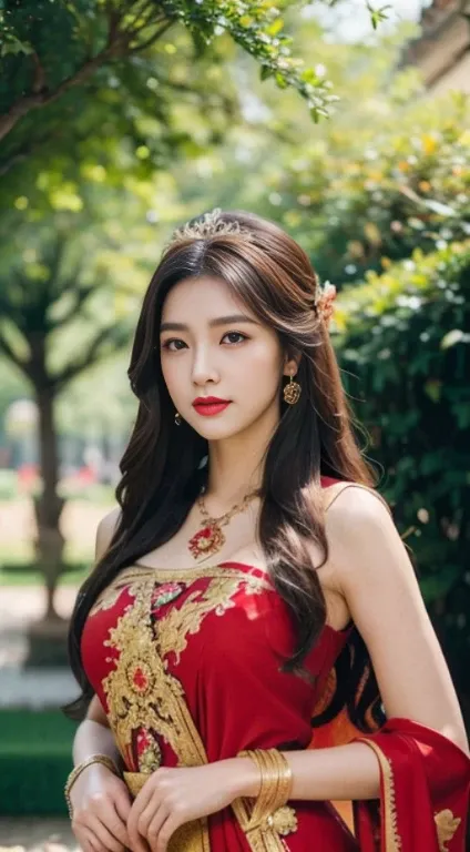 Detailed faces, Clear Face, beautiful girl, Asian makeup, Red lips, brunette hair, very long hair, Extra long hair, diadem, Medium body, Big breasts, super large breasts, Thai angel costume, antique, sexy medium dress, Red dress, HD, fuul body, Evening Lig...