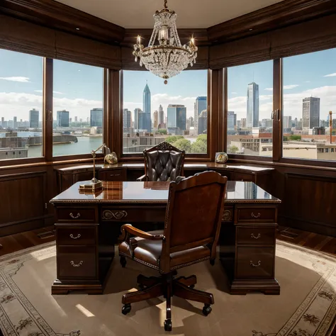 Create a luxurious office setting with rich mahogany furniture, leather chairs, and large windows overlooking a city skyline. Include details like a polished antique desk, a crystal chandelier, and tasteful artwork adorning the walls.