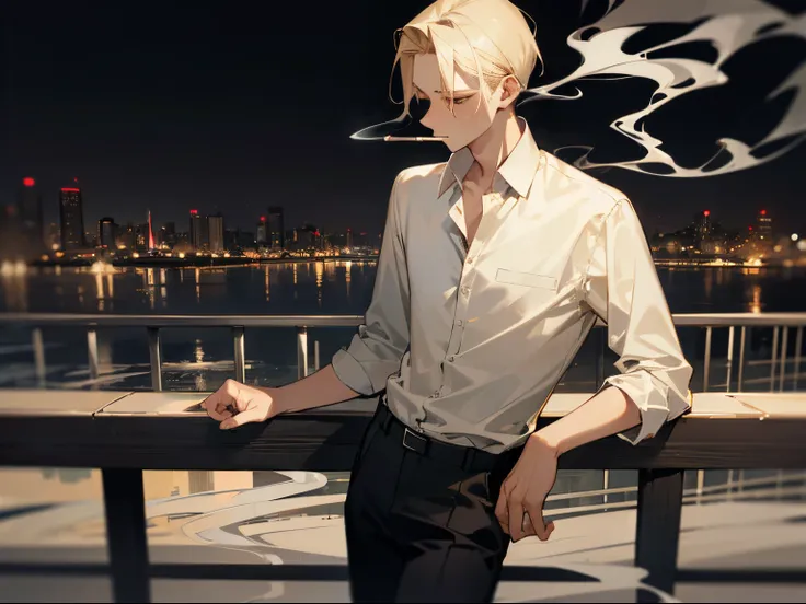 Young man sitting standing on a bridge, leaning on the railing, looking into the distance, smoking a cigarette, emotionless, sharp jawline, dark grey button up shirt, black pants, pulled back blonde hair, brown eyes, looking out, sad, dark, grey dark sad b...