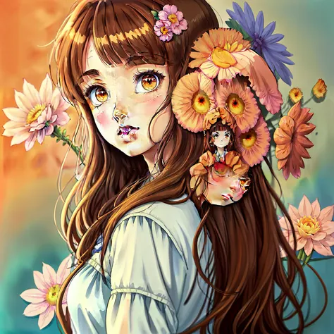 golden brown eyed anime girl with brown hair and flowers、retro anime girl、anime style portrait、lori、anime art style、kawaii reali...