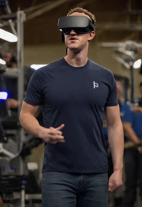 A photo of Mark Zuckerberg in a new-age virtual reality training facility, (wearing a high-tech VR headset), (wielding virtual weapons),original,Zuckerberg maintains a notably consistent personal style, famously known for his simple gray t-shirts and hoodi...