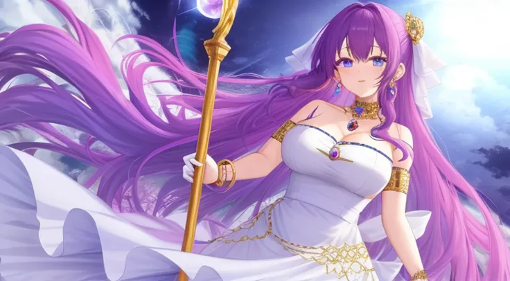 Kido_Saori, big_breasts, purple_hair, blue_eyes, staff, white_dress, armlet, jewelry