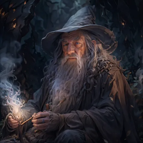 gandalf, from the lord of the rings, sitting in a dark cave, smoking a pipe, illuminated by the embers, ethereal smoke curls, fa...