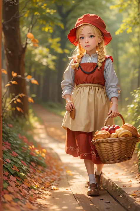 A cute blonde-haired girl with a red cap is walking along a sunny forest path, dressed in a peasant dress and apron. She is wearing wooden shoes and carrying a basket of pastries. The portrait should be of the best quality with high resolution, emphasizing...