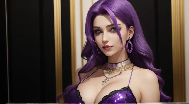 Mirellia_Q_Melromarc, big_breasts, purple_hair, purple_eyes, jewelry, earrings