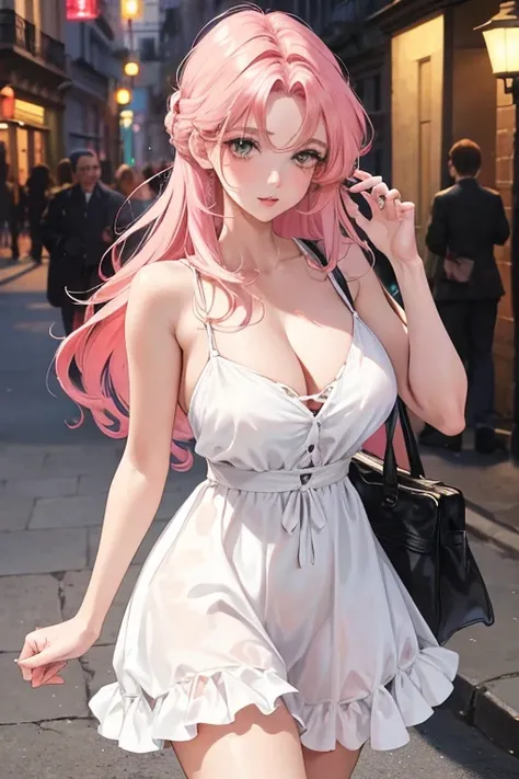 official art, masterpiece, sharp focus, (beautiful gorgeous cute woman:1.3), (beautiful cute :1.3), Cuban beauty, 30 y.o., Delicate and beautiful blonde and pink hair, big lips Red, large nose, realistic, ultra detailed, beautiful girl. She Is walking in a...