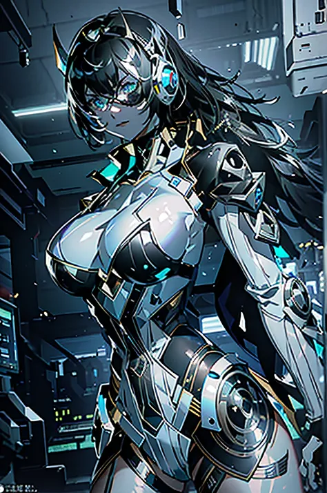 ((Best Quality)), ((Masterpiece)), (Very detailed: 1.3), 3D, rfktr_technotrex, Beautiful cyberpunk woman, shaggy hair, (wearing thick and high-tech head-mounted display: 1.2), Invasion of computer terminals, Computer servers, LCD screens, fiber optic cable...