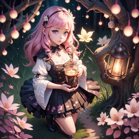 full body, a little witch making cute magic potions, cute flowers, scary trees, 4K resolution, with lamp lights, fantasy, fantasy art, character focus, magic potions detailed, Hand detailed, illustration of a cute girl, cute flowers, scary trees, manga sty...