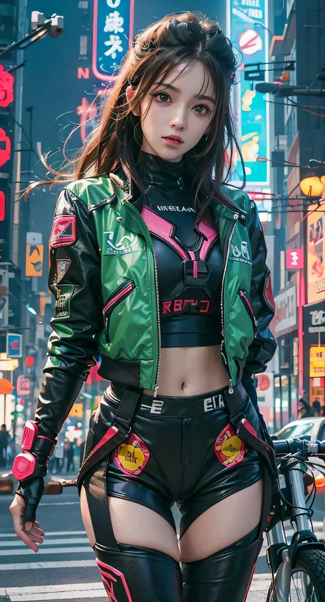 Realistic, Asuna Yuuki, ultra detalhe,master part, melhor qualidade, Garota cyberpunk confiante, tiro de corpo inteiro, ((Fique na frente da motocicleta)), Trajes populares no estilo Harajuku, bold colors and patterns, Attractive accessories, penteado mode...