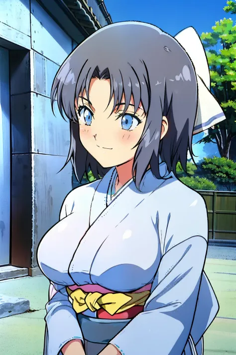 senran kagura, yumi, 1990s anime cels style, best quality, high resolution, outdoors, japan architecture, blush, embarrassed, smile, 1girl, large breasts, light grey hair, japanese cloth, cowboy shot