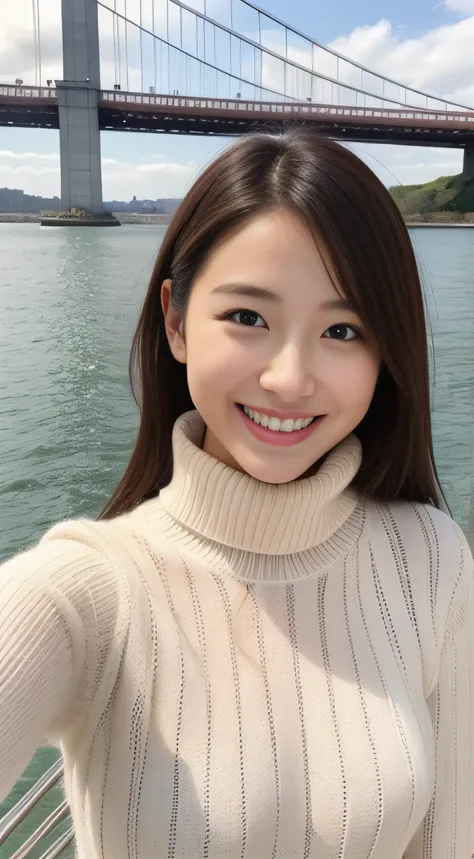 The face is a hostess、Wear a turtleneck sweater、hiquality、A hyper-realistic、healthy、Smiling expression、Slender perfect figure、Japan beauties、beautidful eyes、face perfect、Beautiful skin、The upper part of the body、Yokohama Bay Bridge