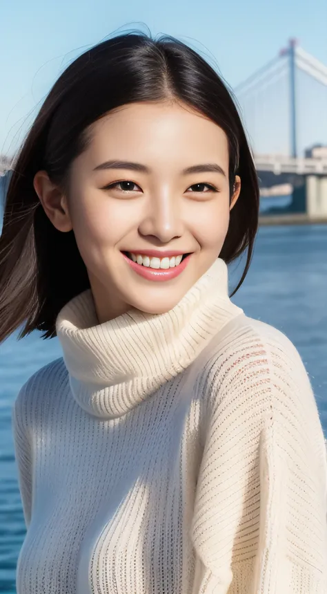 The face is a hostess、Wear a turtleneck sweater、hiquality、A hyper-realistic、healthy、Smiling expression、Slender perfect figure、Japan beauties、beautidful eyes、face perfect、Beautiful skin、The upper part of the body、Yokohama Bay Bridge