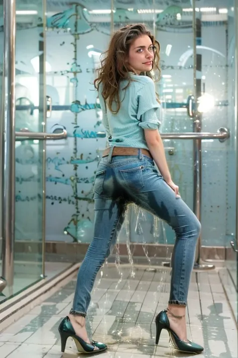 (tall thin attractive European woman standing in a new bathroom), (((light blue skinny jeans))), (mint green blouse), black belt, (white high heels), (((bright lighting))), (((show heels))),  (short curly red hair), blue eyes,  inviting smile, carnal, peei...