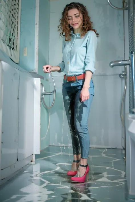 (tall thin attractive European woman standing in a new bathroom), (((light blue skinny jeans))), (mint green blouse), black belt, (white high heels), (((bright lighting))), (((show heels))),  (short curly red hair), blue eyes,  inviting smile, carnal, peei...