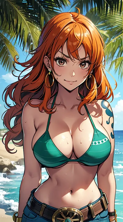 nami (one piece), 1girl, bangle, bangs, bare shoulders, belt, bikini, bikini top only, bracelet, breasts, brown eyes, bubble, cleavage, denim, earrings, floating hair, green belt, green bikini, groin, jeans, jewelry, (large breasts:1.9), (big breast:1.5), ...