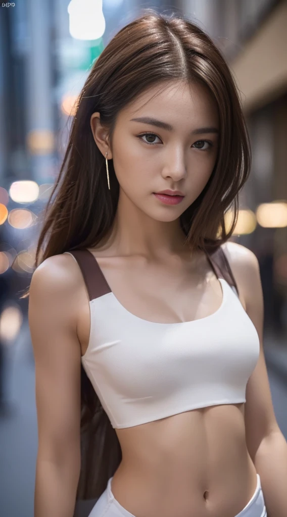 ((Realistic lighting, Best quality, 8K, Masterpiece: 1.3)), Clear focus: 1.2, 1girl, Perfect Figure: 1.4, Slim Abs: 1.1, ((Dark brown hair)), (White crop top: 1.4), (Outdoor, Night: 1.1), City streets, Super fine face, Fine eyes, Double eyelids,