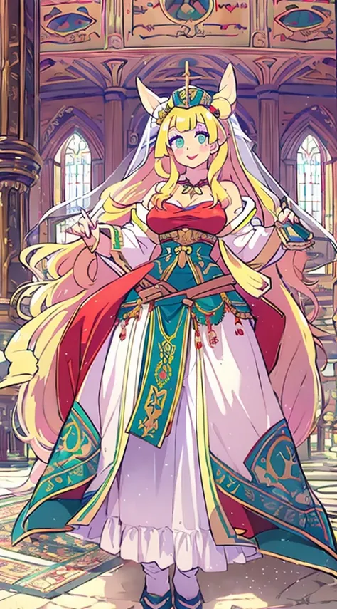 galko,1girl, solo, smile, full body, standing, long skirt, priestess, religious, holy, cute, blush, ,tall female, medieval clothing, white veil, tunic, long skirt,boots, huge brest, curvy,sexy, sensual, volouptouse, thicc, , jade green eyes, makeup, half l...