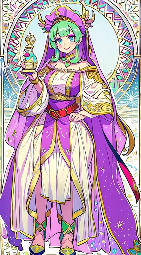 galko,1girl, solo, smile, full body, standing, long skirt, priestess, religious, holy, cute, blush, ,tall female, medieval clothing, white veil, tunic, long skirt,boots, huge brest, curvy,sexy, sensual, volouptouse, thicc, , jade green eyes, makeup, half l...