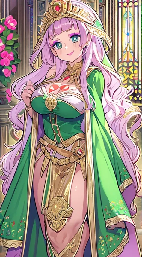 galko,1girl, solo, smile, full body, standing, long skirt, priestess, religious, holy, cute, blush, ,tall female, medieval clothing, white veil, tunic, long skirt,boots, huge brest, curvy,sexy, sensual, volouptouse, thicc, , jade green eyes, makeup, half l...