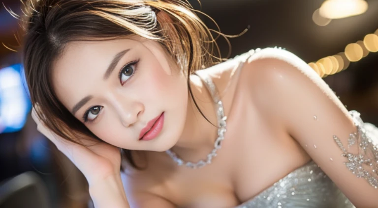 Random posture, (An extremely delicate and beautiful work), (masterpiece), 1girls, Girl in silver dress, Very detailed, Leaky waist, Ponytail distortion, attractive appearance;;;;, beautiful clear eyes, green eye pupil, delicate necklace, delicate earrings...