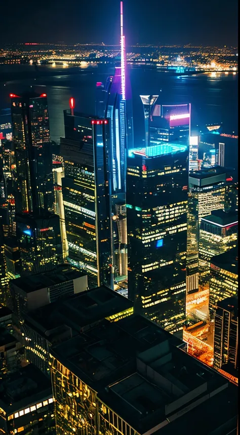 cyberpunk skyscraper neon city night view looking down from above